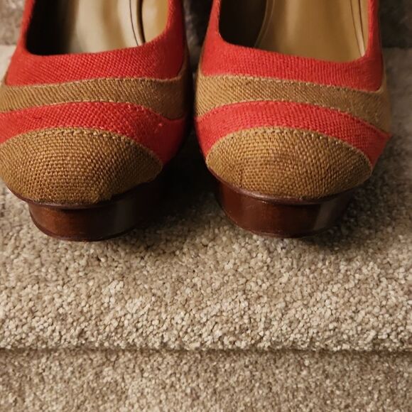 Tory Burch Women's "Joelle" Red & Tan Stacked Wood Heel Pumps Size 10.5 - Picture 3 of 7